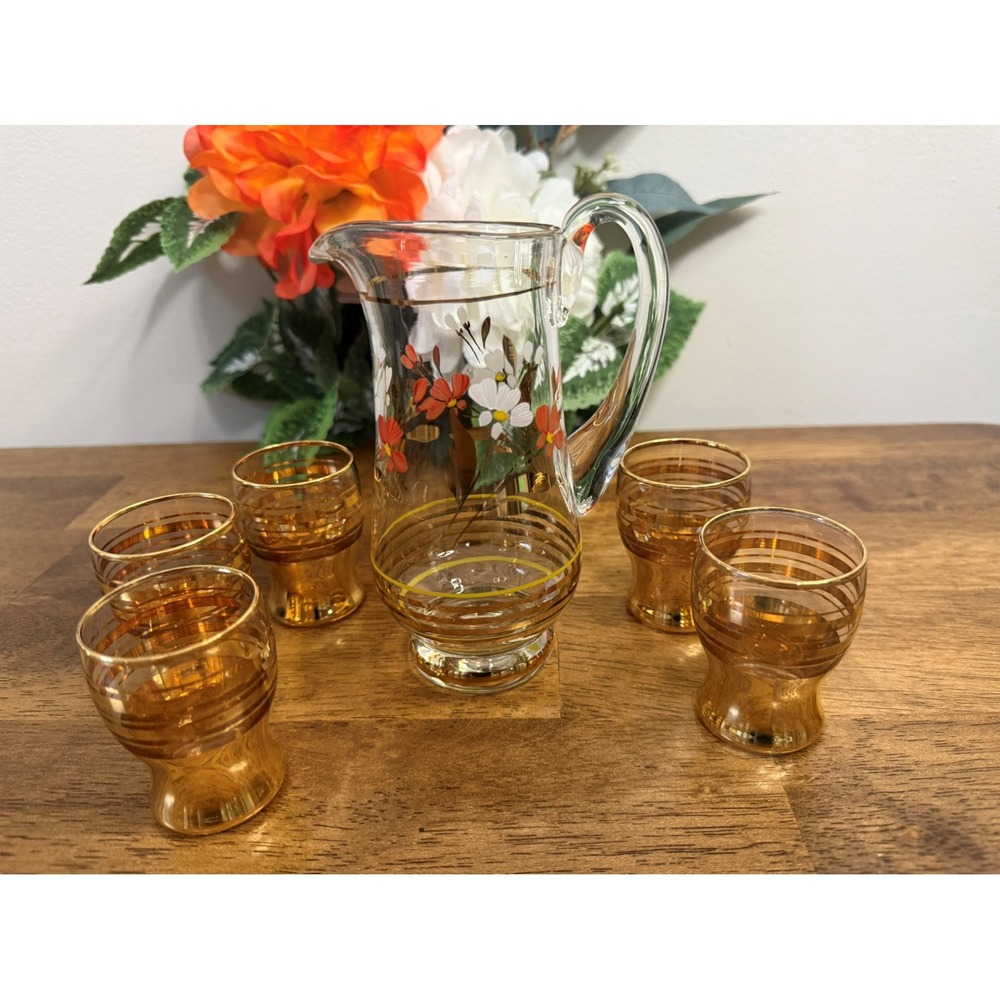 Vintage Hand Painted Floral Pitcher with Gold Banded‎ Glasses MCM Cocktail Set